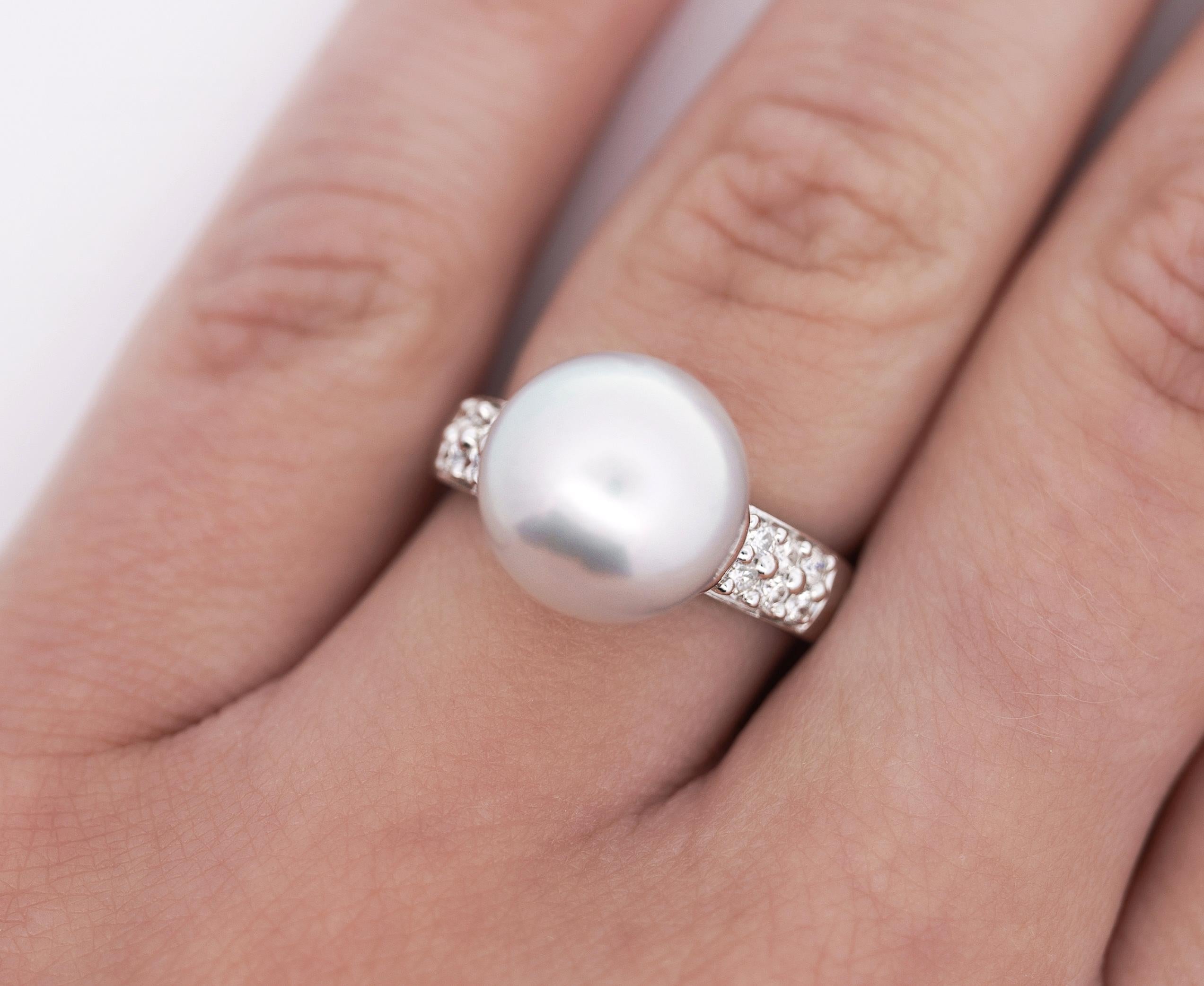 12mm Cultured South Sea Pearl & Round Diamond Ring in Platinum