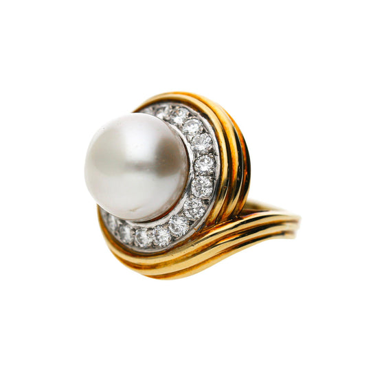 12mm South Sea Pearl & 1.38 Carat Diamond Halo Trio 18K Two Tone Gold Dome Ring