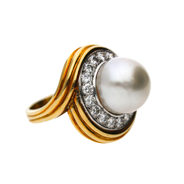 12mm South Sea Pearl & 1.38 Carat Diamond Halo Trio 18K Two Tone Gold Dome Ring