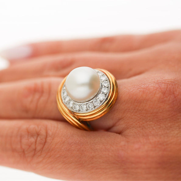12mm South Sea Pearl & 1.38 Carat Diamond Halo Trio 18K Two Tone Gold Dome Ring