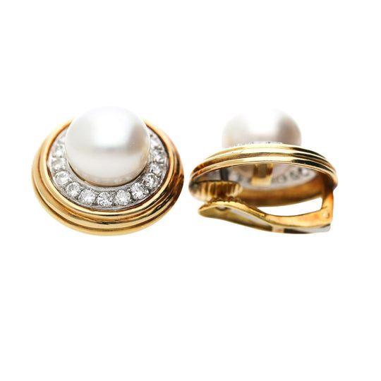 12mm South Sea Pearl 2.88 Carat Diamond Halo 18K Two Tone Gold Clip On Earring