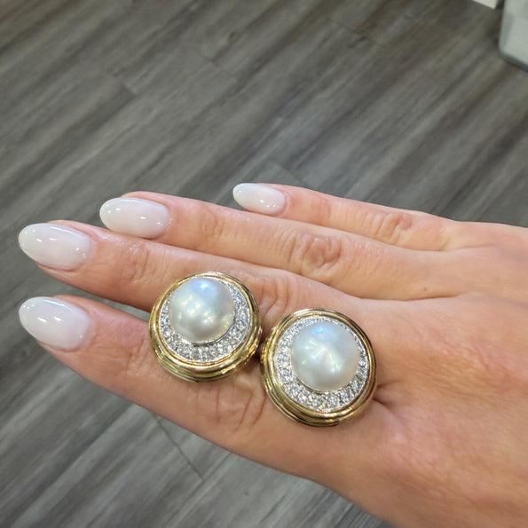 12mm South Sea Pearl 4.26 Carat Diamond 18K Two-Tone Gold Ring and Earring Set