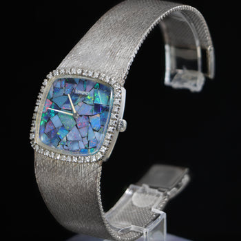 Vintage Longines Opal Mosaic Dial 34mm Diamond Bezel 18K White Gold Watch – Assay Jewelers