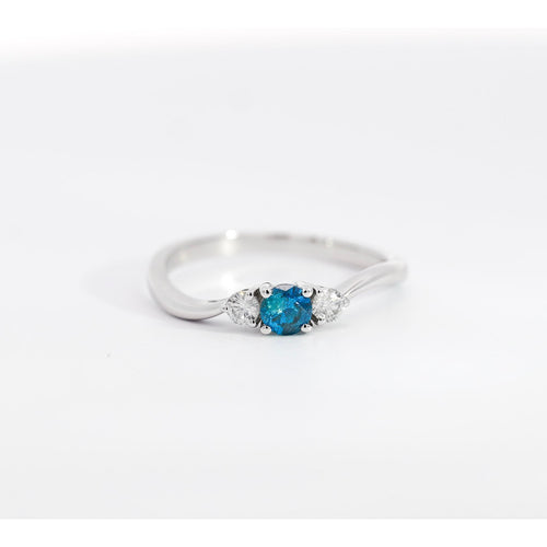 3 CTW Natural Blue and White Diamond Curved Mini Three Stone Ring in 14K White Gold