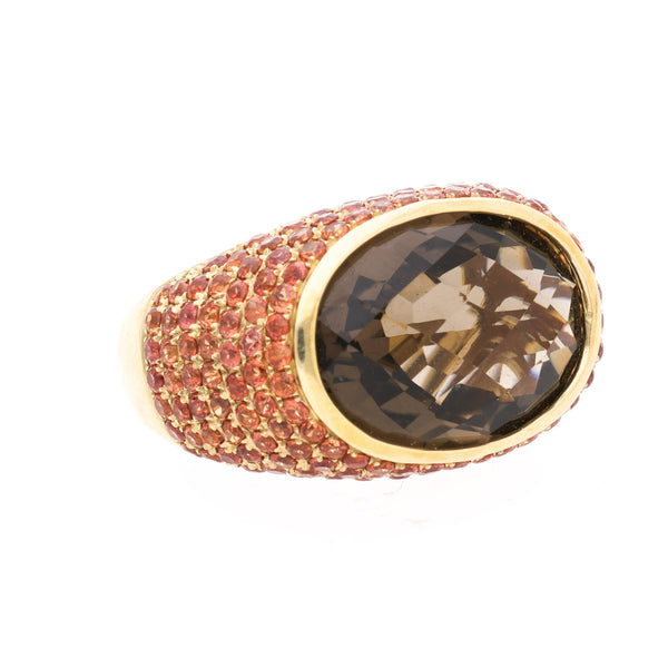 13.50 Carat Checkerboard Smoky Topaz & Orange Sapphire Pave Dome 14K Gold Ring