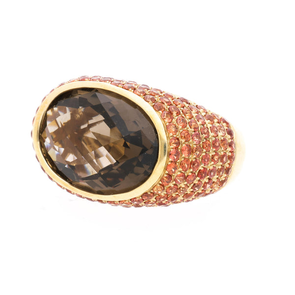 13.50 Carat Checkerboard Smoky Topaz & Orange Sapphire Pave Dome 14K Gold Ring