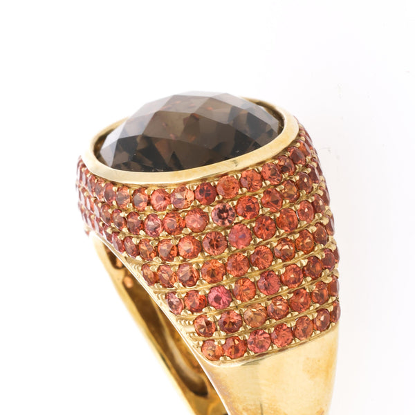 13.50 Carat Checkerboard Smoky Topaz & Orange Sapphire Pave Dome 14K Gold Ring