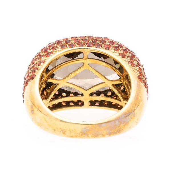 13.50 Carat Checkerboard Smoky Topaz & Orange Sapphire Pave Dome 14K Gold Ring
