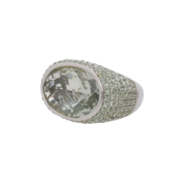 13.50 Carat Oval Checkerboard Cut Green Amethyst Pave 14K White Gold Dome Ring