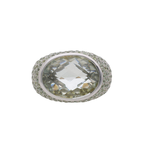 13.50 Carat Oval Checkerboard Cut Green Amethyst Pave 14K White Gold Dome Ring