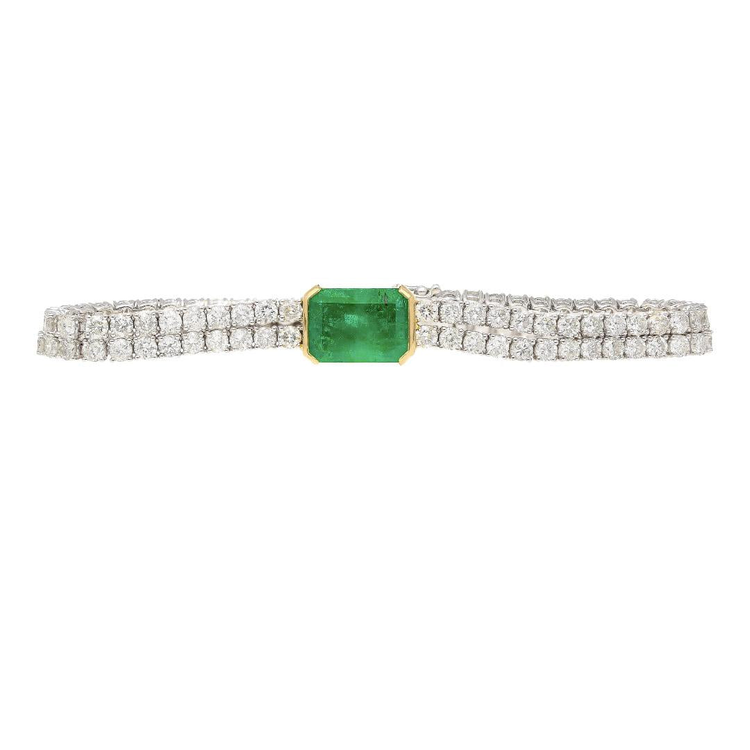 14.47 Carat Emerald Center and Diamond 2 Strand Tennis Bracelet