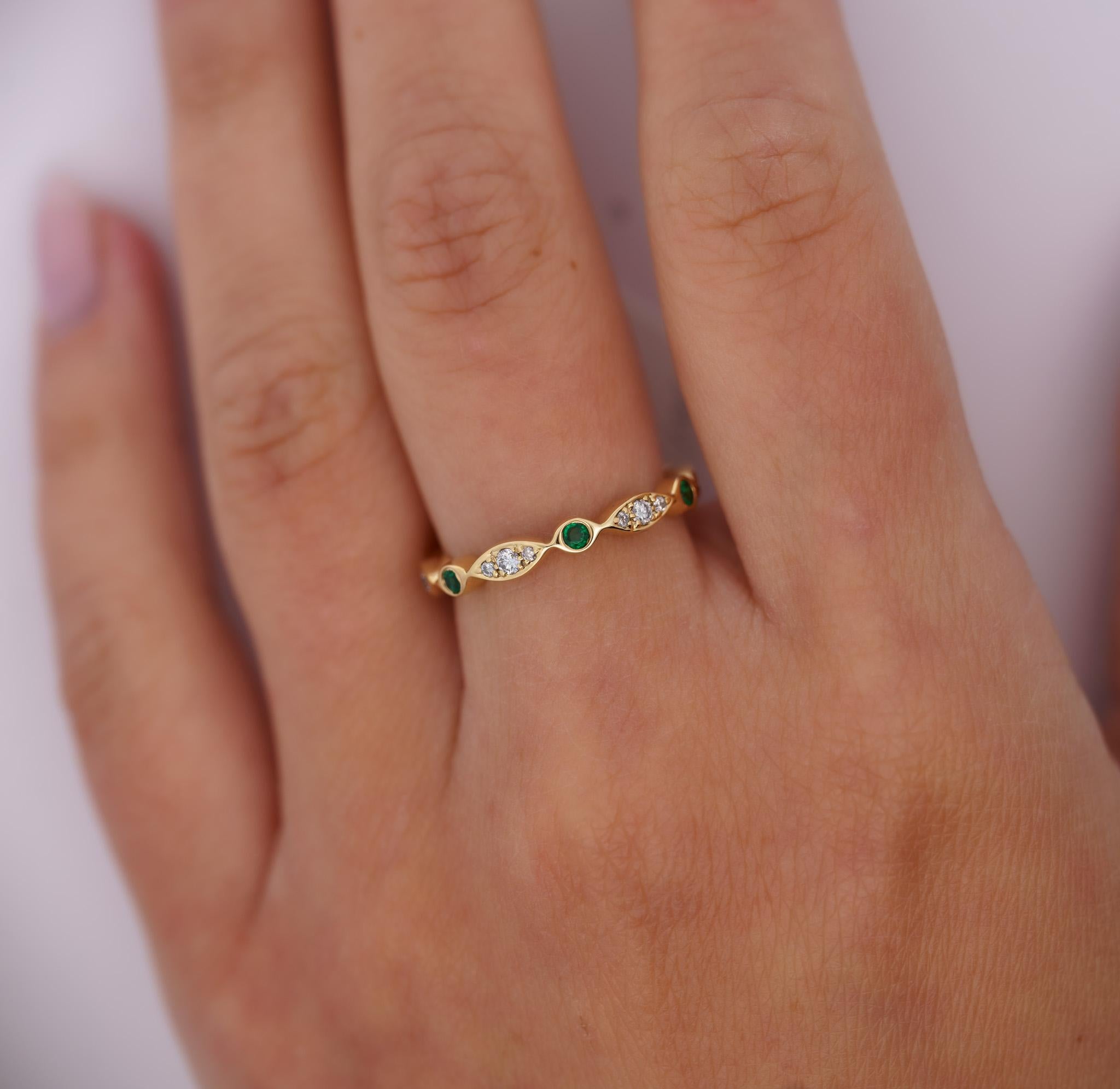 14K Gold Emerald and Lab Diamond Bezel Stacking 3MM Band Wave Ring