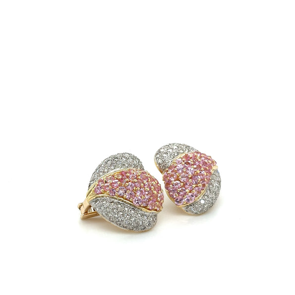 14K Gold Pink Sapphire and Diamond Heart Clip On Earrings