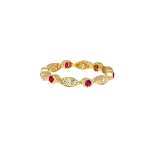 14K Gold Ruby and Diamond Bezel Stack Band 3MM Wavy Ring