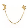 14K Gold Star and Moon with Connecting Chain Double Stud Earrings