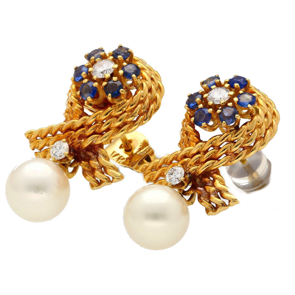 14K Gold Textured Ribbon Motif Natural Pearl, Diamond and Sapphire Stud Earrings