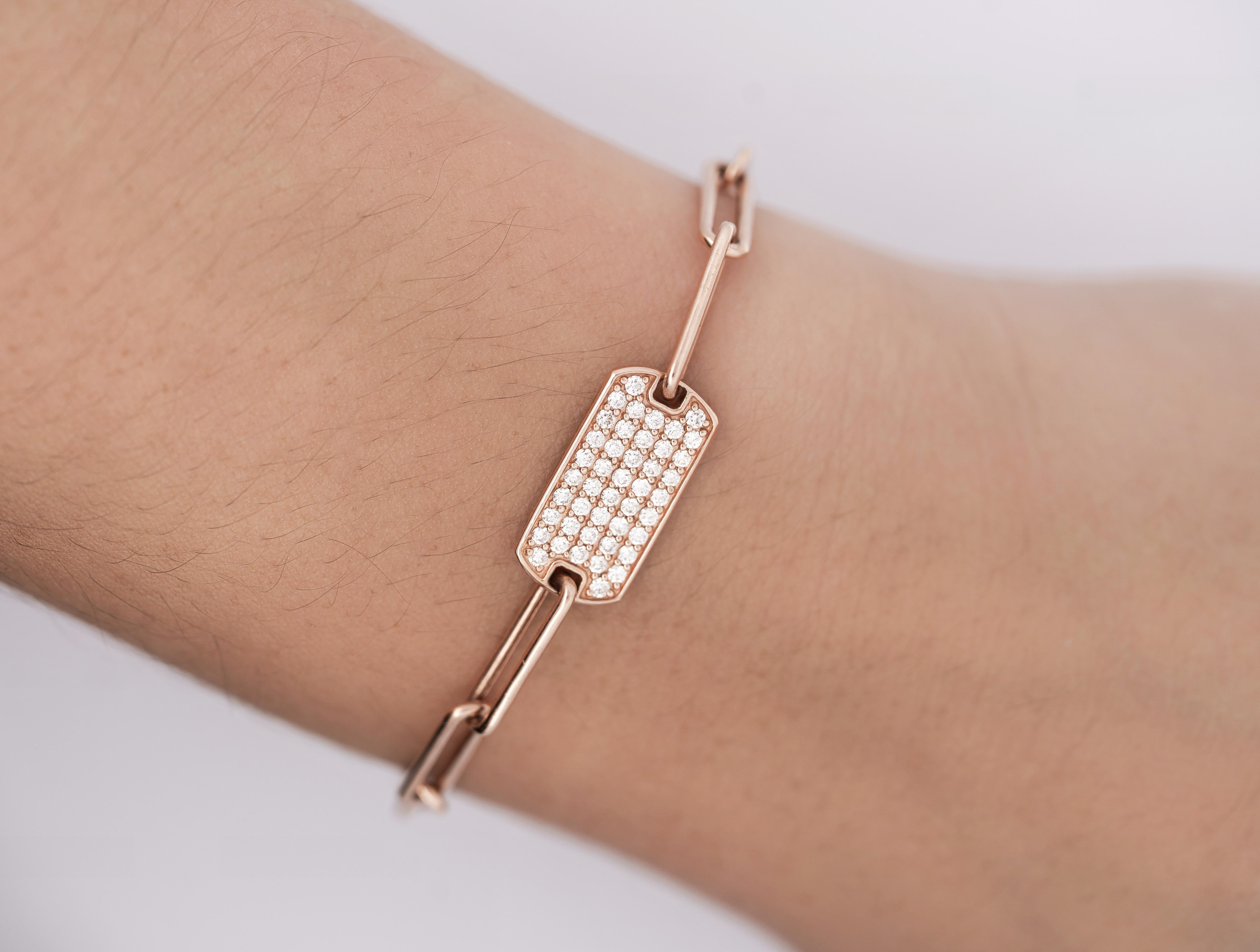14K Rose Gold ID Tag Round Diamond Pave Cable Link Chain Bracelet