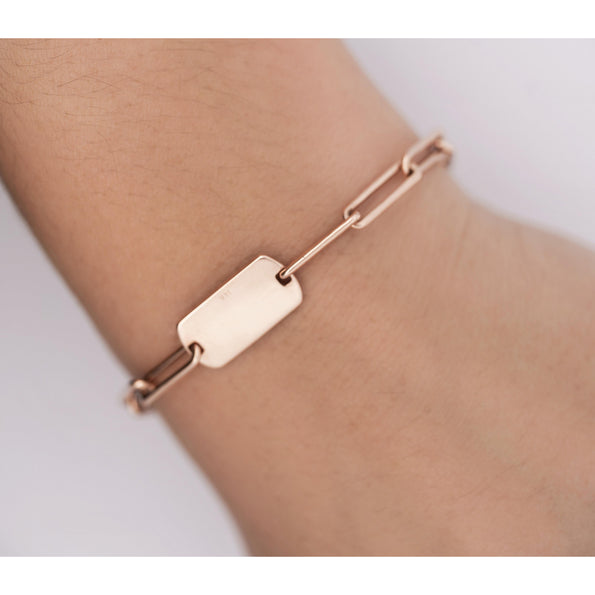 14K Rose Gold ID Tag Round Diamond Pave Cable Link Chain Bracelet