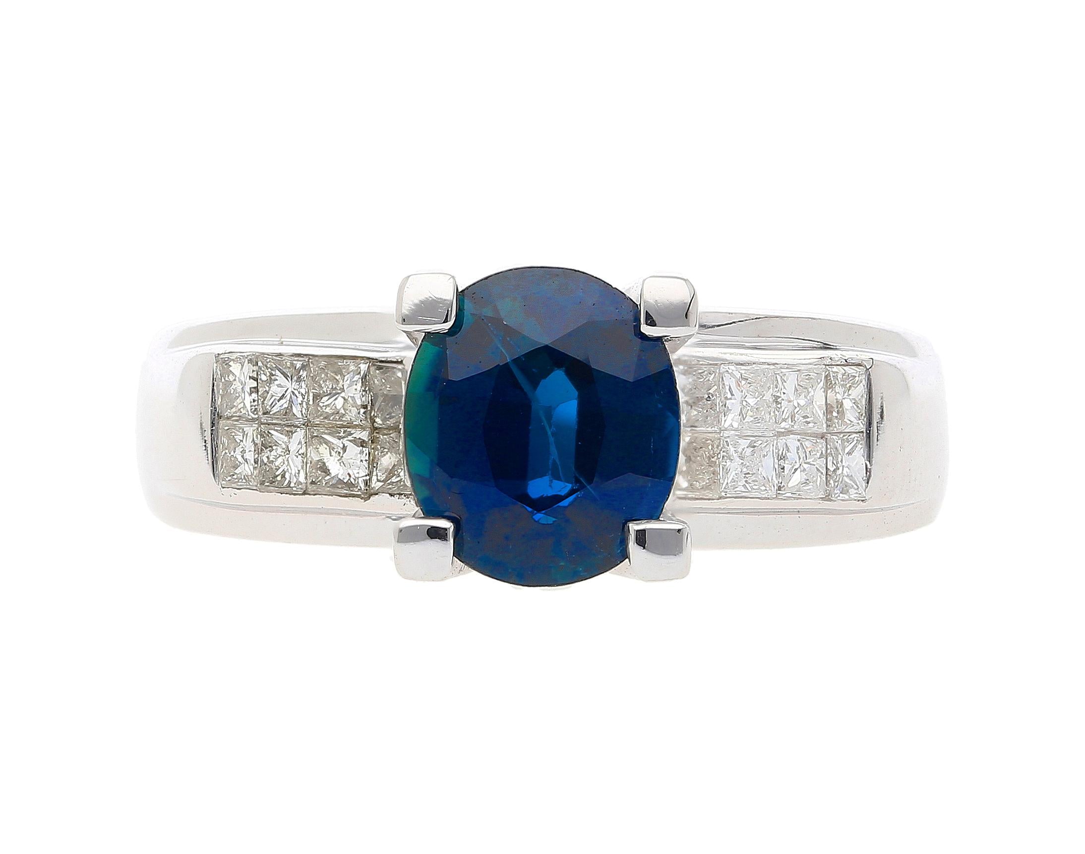 14K White Gold 1.56 Carat Oval Blue Sapphire and Invisible Cluster Diamond Ring