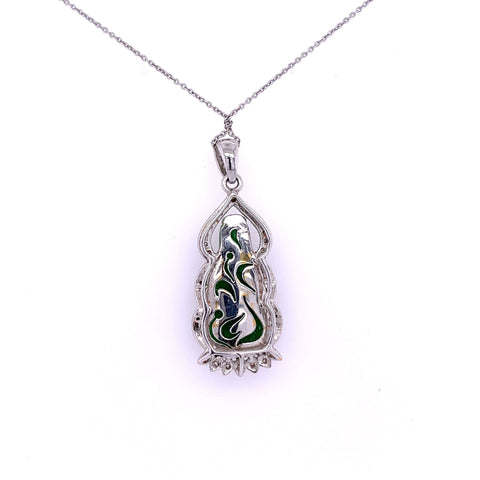 14K White Gold Carved Jade Buddha and Diamond Pendant Necklace