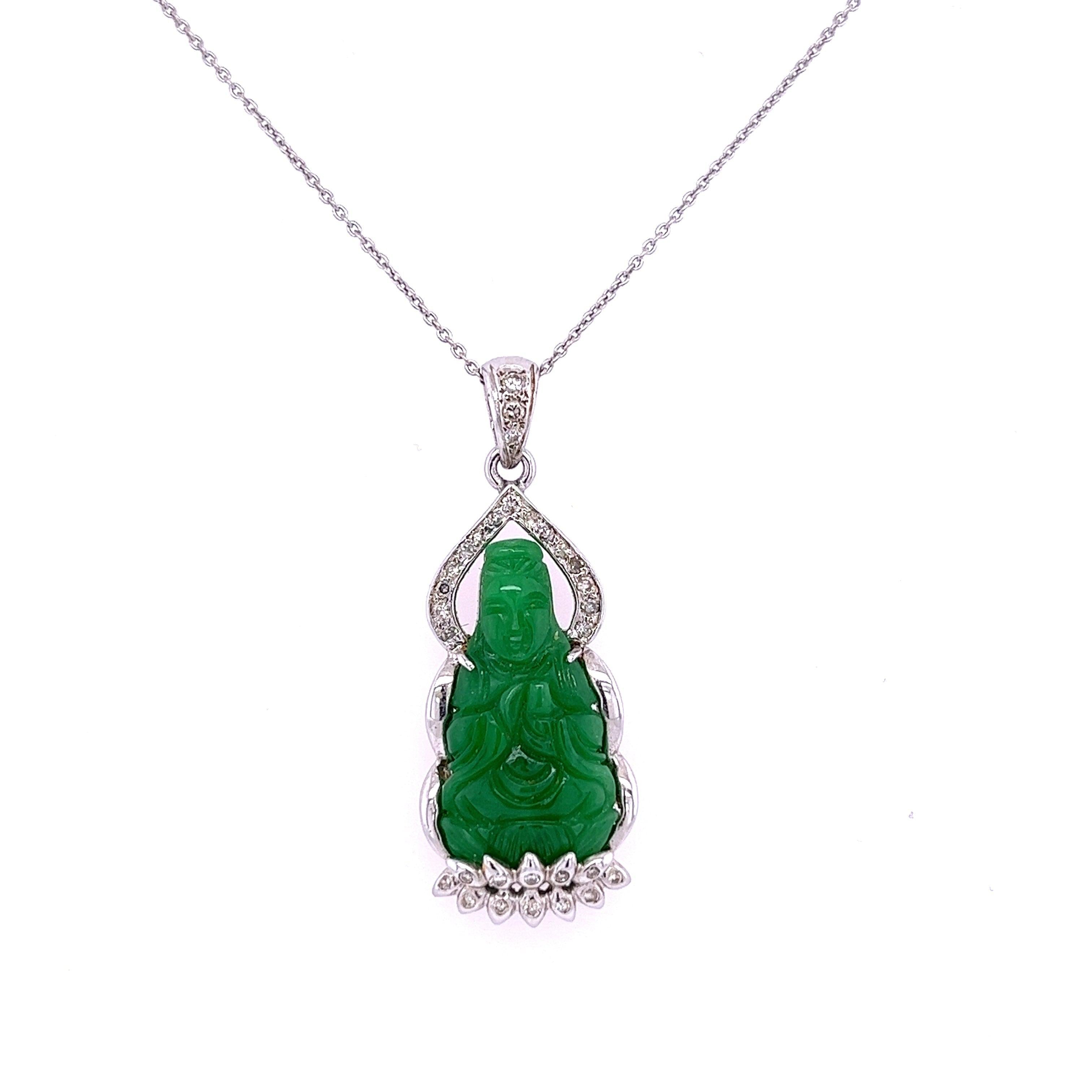 14K White Gold Carved Jade Buddha and Diamond Pendant Necklace-Gemstone Pendant-ASSAY