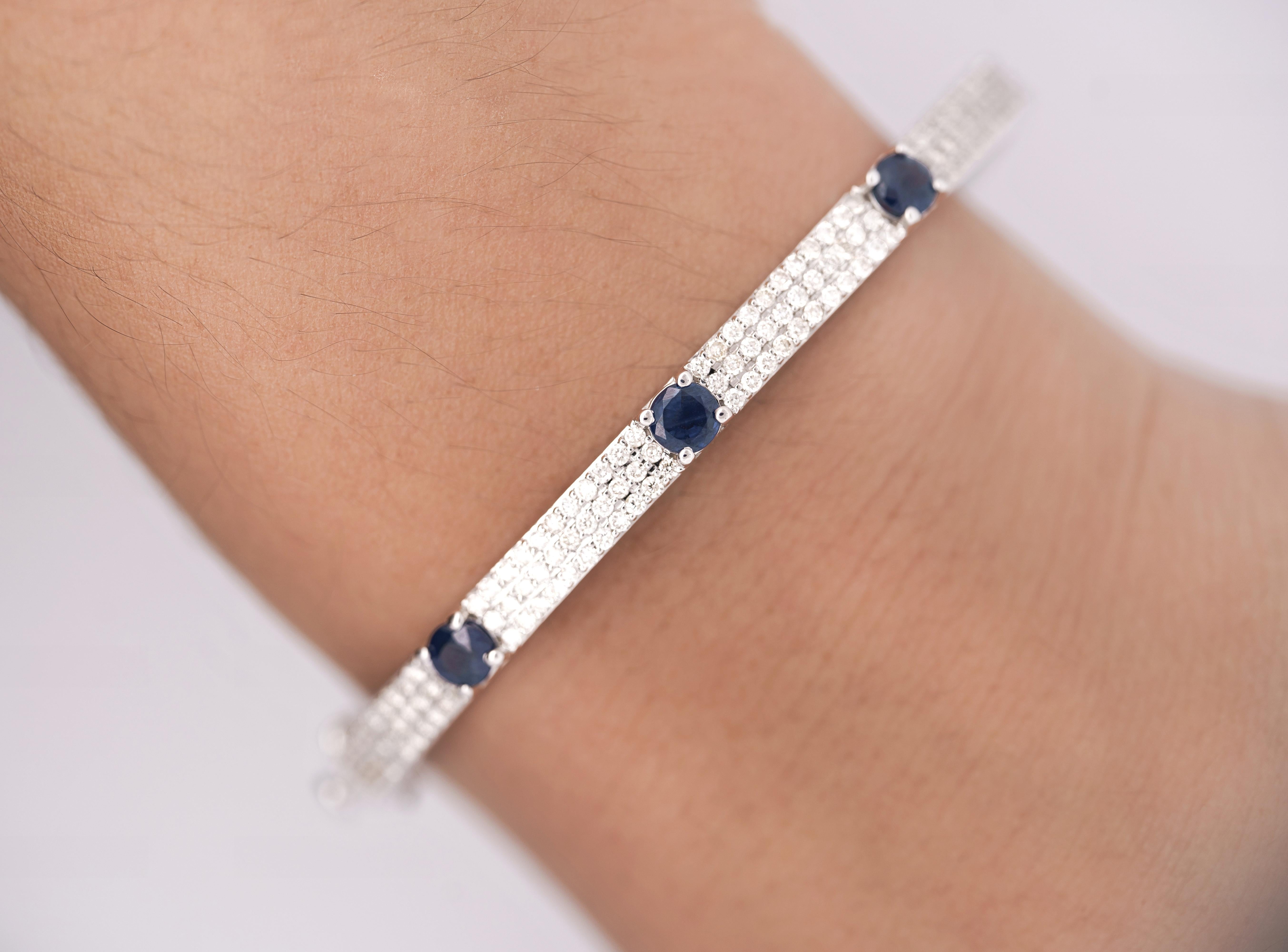 14K White Gold Diamond and Blue Sapphire Pave Bangle Bracelet