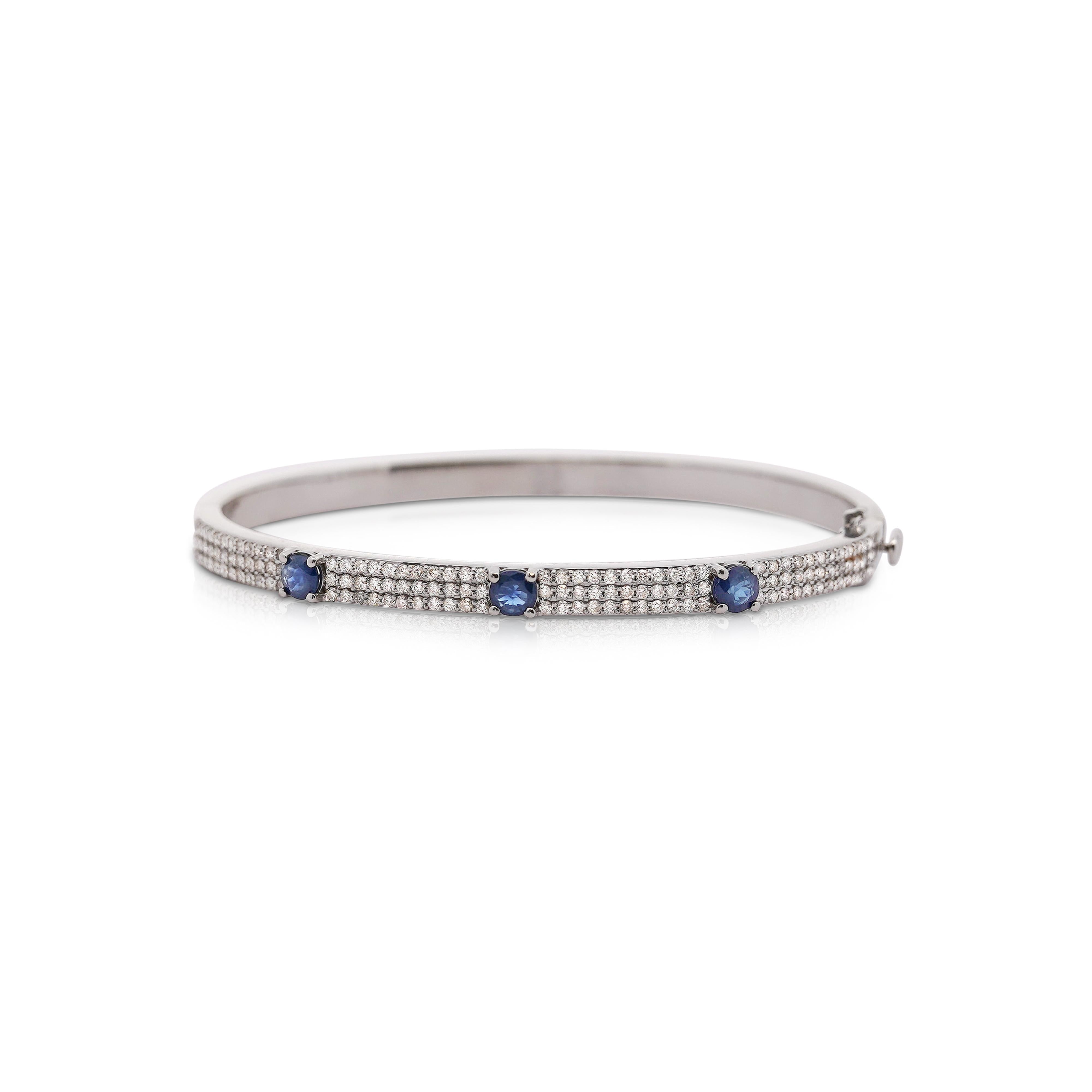 14K White Gold Diamond and Blue Sapphire Pave Bangle Bracelet