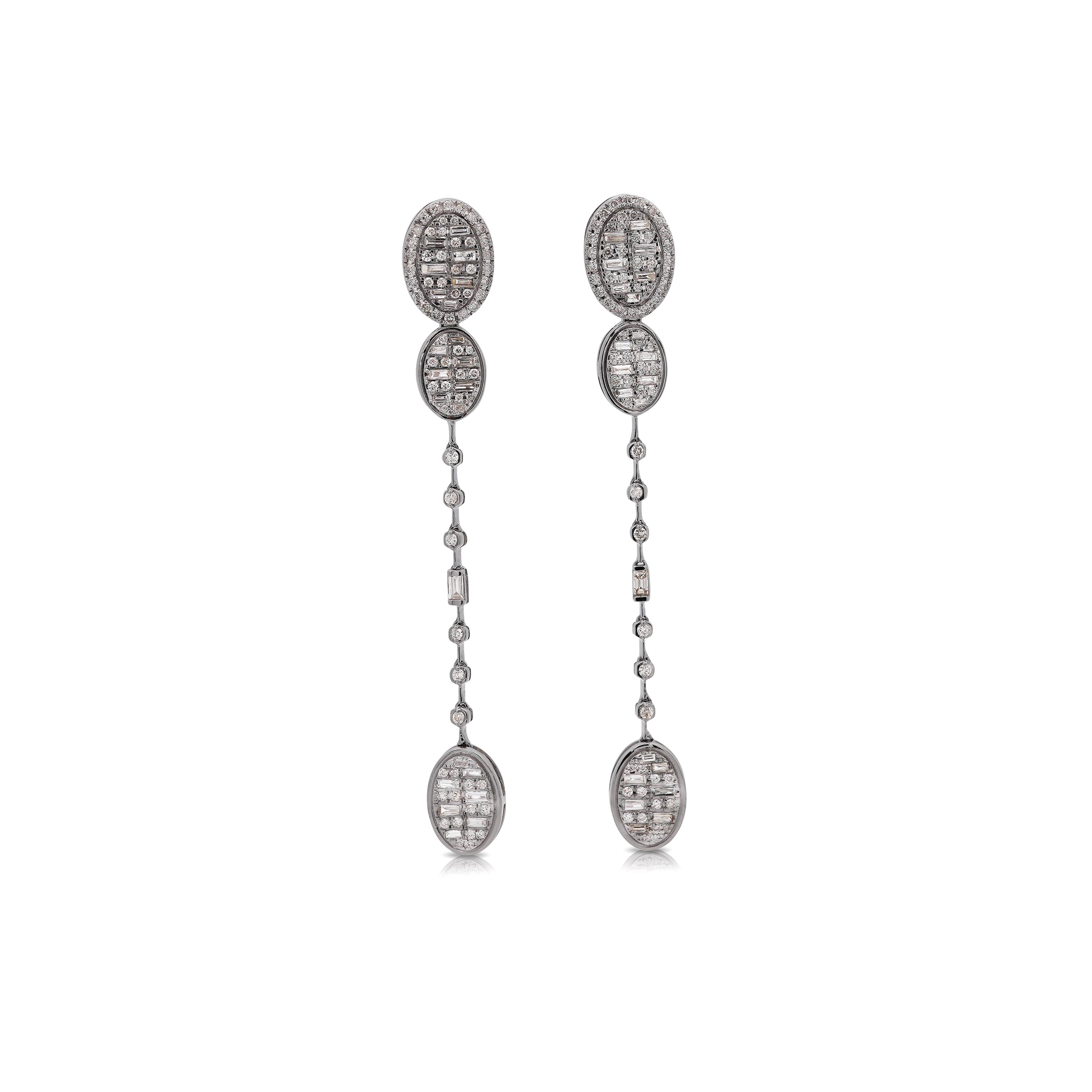 14K White Gold Oval 1 Carat Diamond Cluster Drop Dangle Earrings