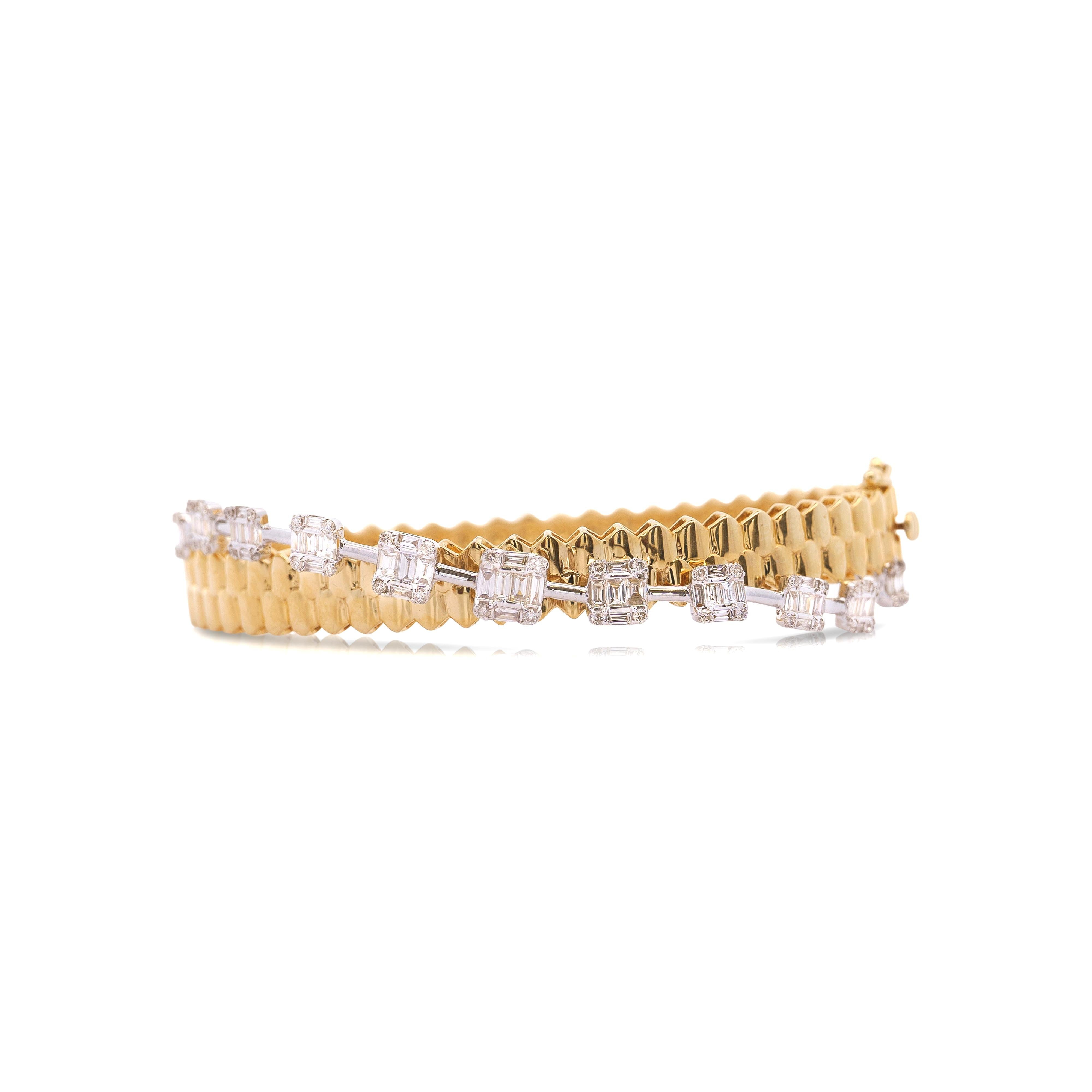 14K White and Yellow Gold Ribbed 1.52 Carat Diamond Bangle with Illusion Set