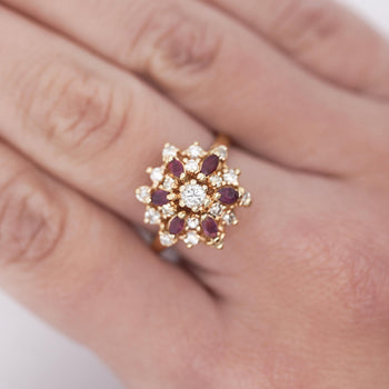 14K Yellow Gold Marquise Cut Ruby & Round Cut Diamond Cluster Ring – Assay Jewelers