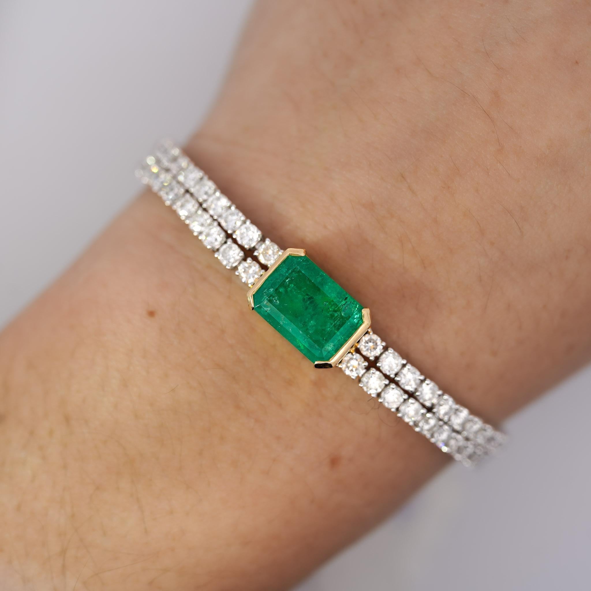 14.47 Carat Emerald Center and Diamond 2 Strand Tennis Bracelet