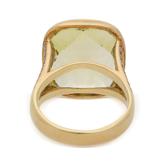 14.55 Carat Cushion Peridot & Diamond Split Shank 18K Yellow Gold Cocktail Ring