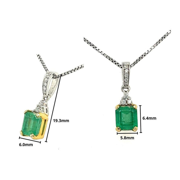 14k Gold Colombian Emerald and 3 Round Diamond Top Pendant Necklace