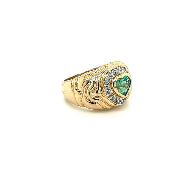 14K Gold Heart Shape Emerald and Diamond Pinky Ring
