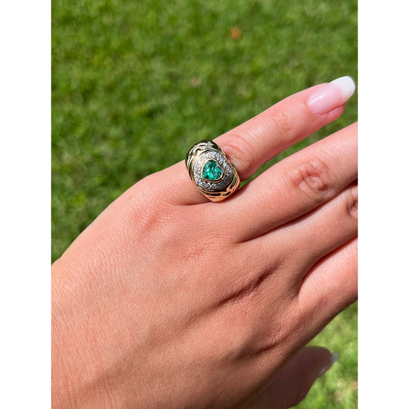 14K Gold Heart Shape Emerald and Diamond Pinky Ring