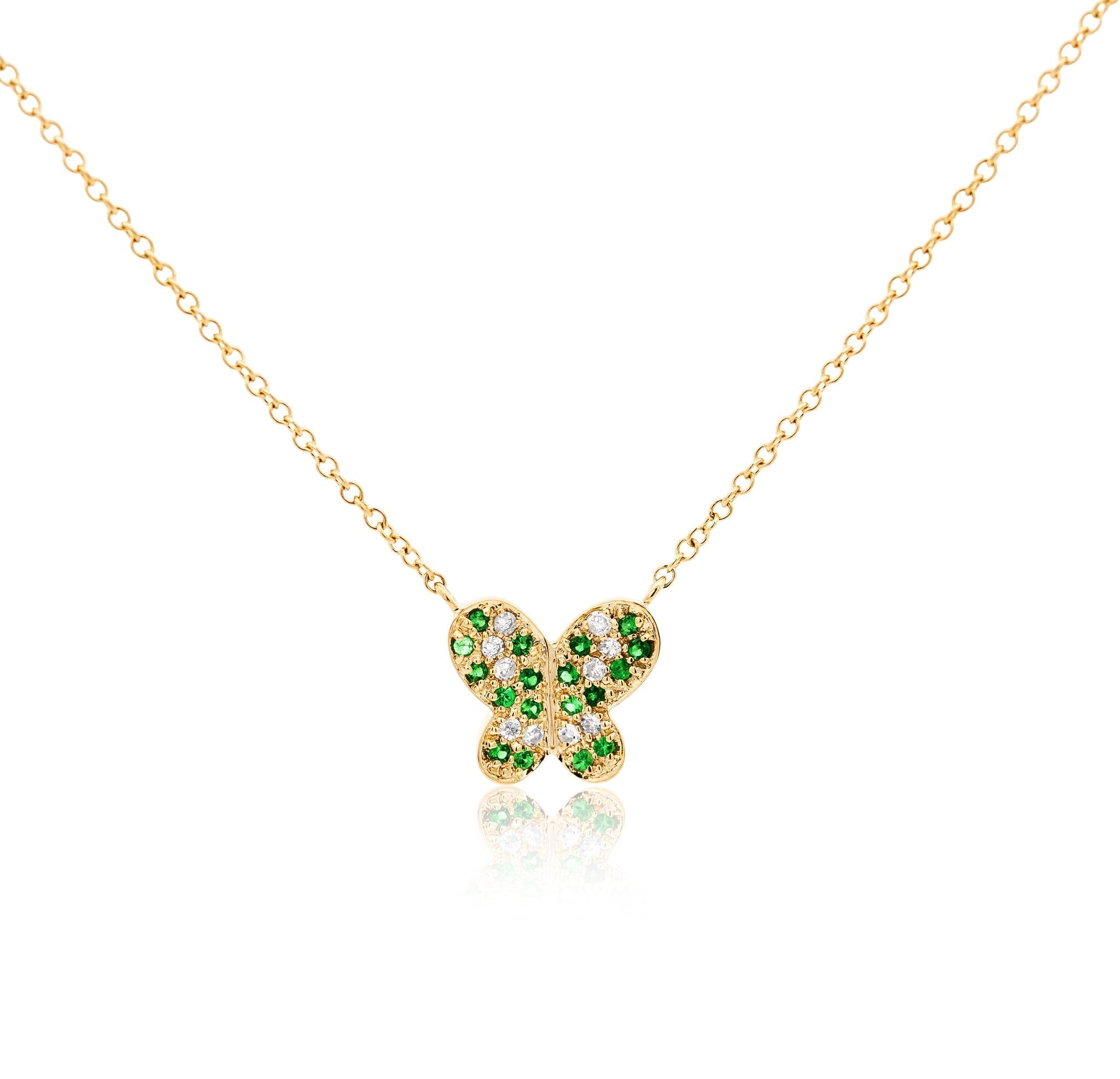 14k Solid Yellow Gold Tsavorite Butterfly Charm Floating Pendant Necklace-Necklace-ASSAY