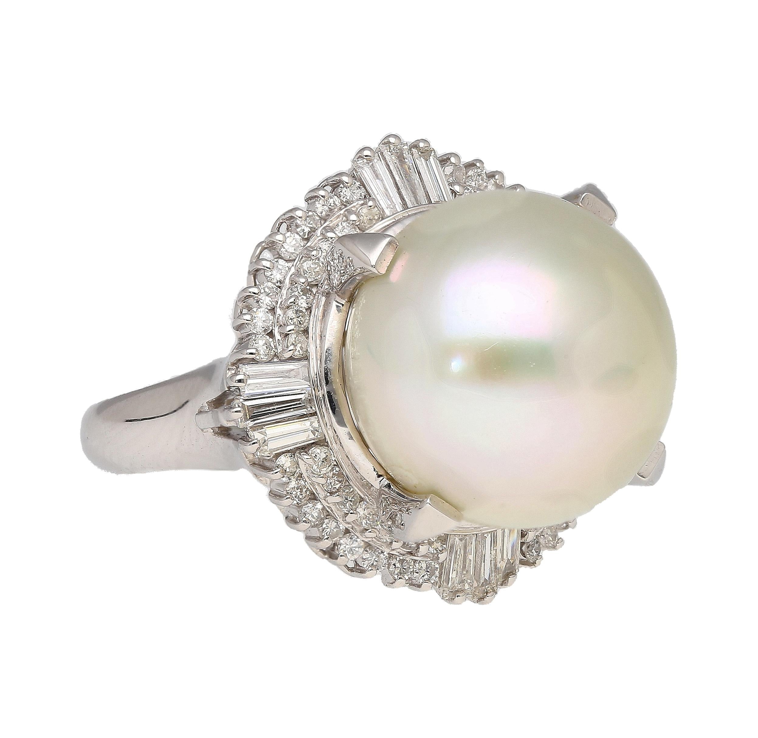 14mm Pearl with Baguette and Round Diamonds in Platinum Cocktail Ring