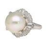 14mm Pearl with Baguette and Round Diamonds in Platinum Cocktail Ring