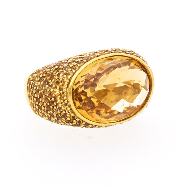 15 Carat Oval Checkerboard Citrine & Citrine Pave 14K Yellow Gold Cocktail Ring