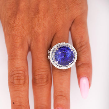 15.50 Carat Round Tanzanite & 1.50 Carat Diamond Double Halo 14K White Gold Ring – Assay Jewelers