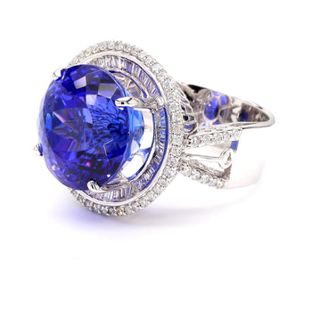 15.50 Carat Round Tanzanite & 1.50 Carat Diamond Double Halo 14K White Gold Ring – Assay Jewelers