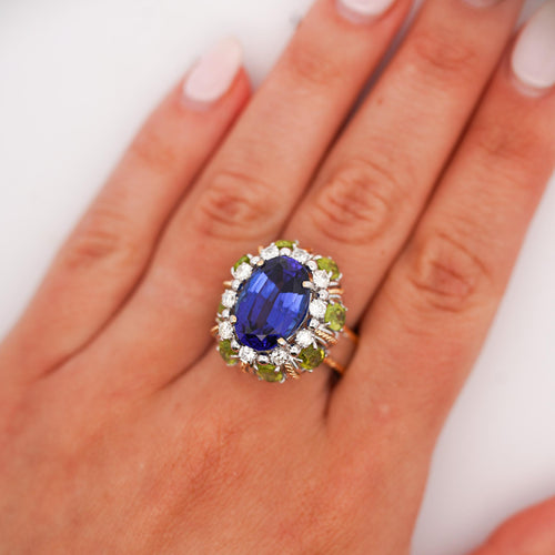 15.62 Carat Tanzanite, Peridot, Diamond Halo 18K White Gold Cluster Ring