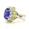 15.62 Carat Tanzanite, Peridot, Diamond Halo 18K White Gold Cluster Ring