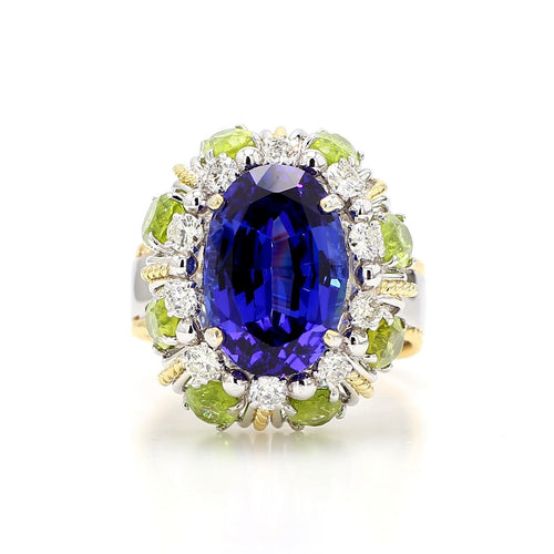 15.62 Carat Tanzanite, Peridot, Diamond Halo 18K White Gold Cluster Ring