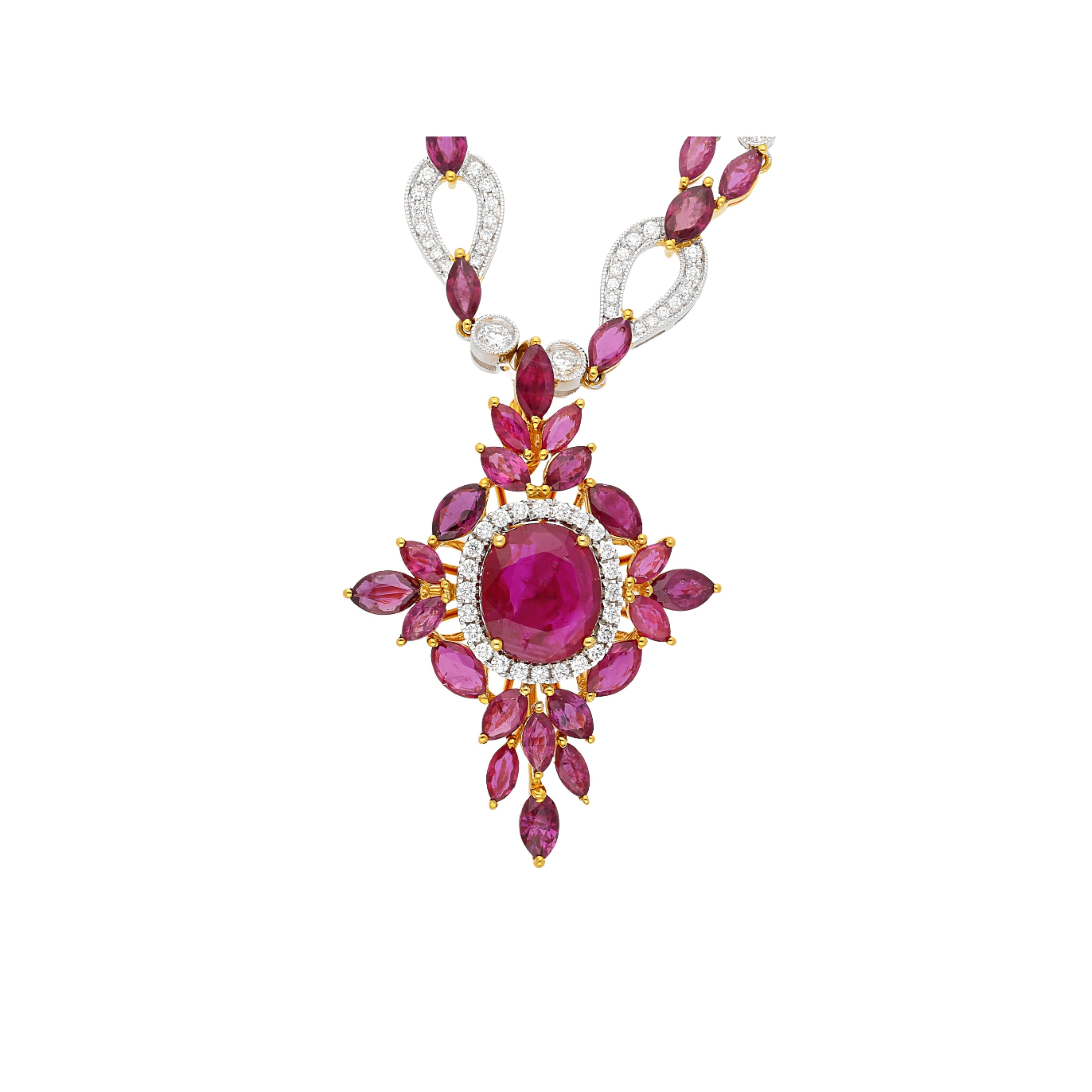 15.66 Carat Ruby & 3.17 Carat Diamond Cross Pendant Necklace in 18K Solid Gold