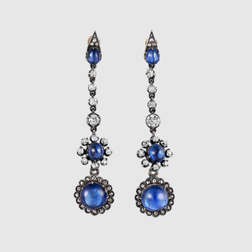 ~16 Carat Cabochon Cut Burma Sapphire AGL Certified and Diamond 14K Earrings