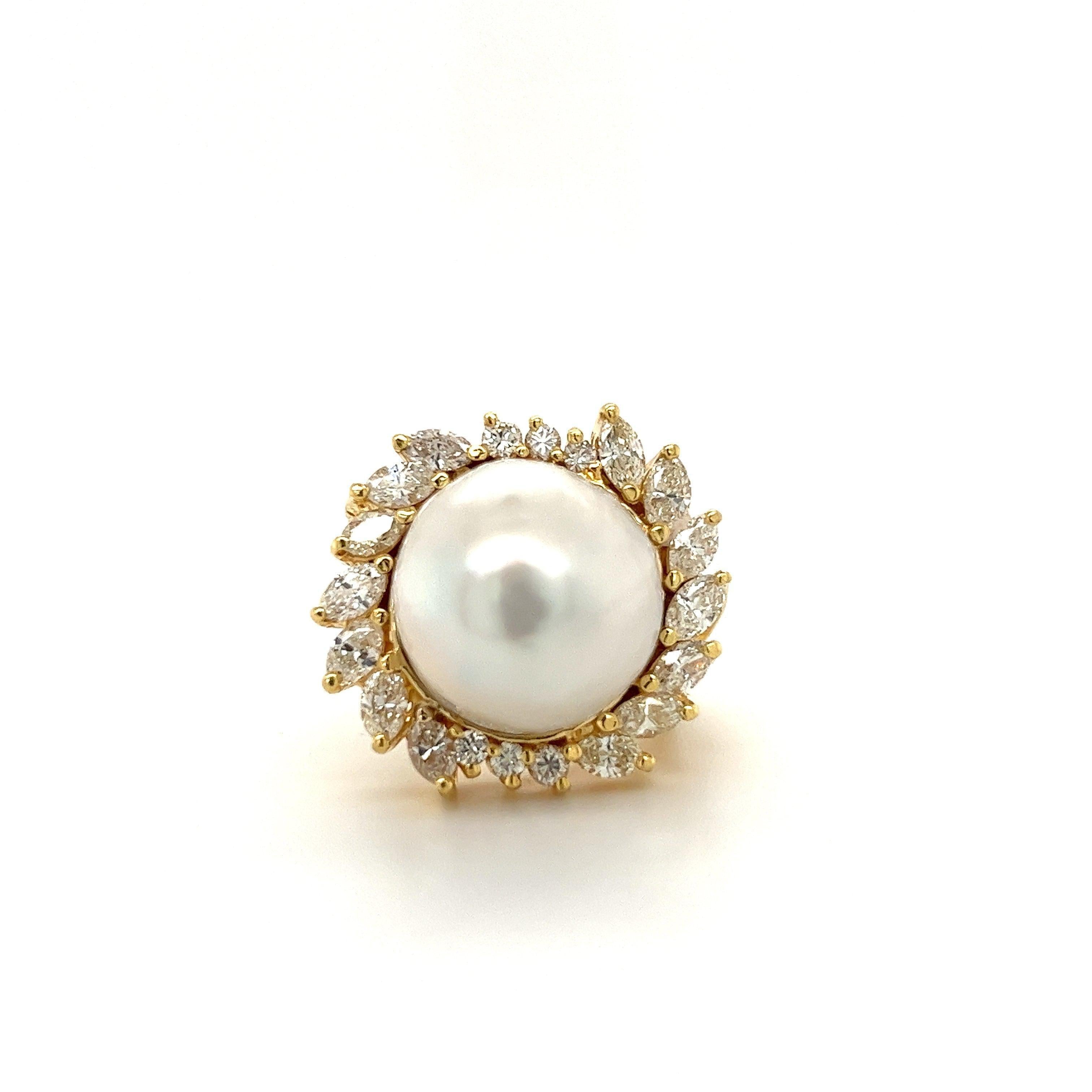 16mm South Sea Pearl and Marquise Cut Diamond Halo in 18k Gold Ring-Rings-ASSAY