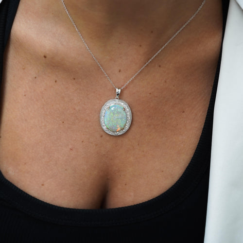17.59 Carat White Opal & Diamond Halo Milgrain 18K White Gold Vintage Pendant