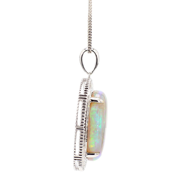17.59 Carat White Opal & Diamond Halo Milgrain 18K White Gold Vintage Pendant