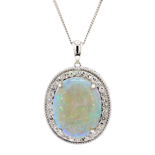 17.59 Carat White Opal & Diamond Halo Milgrain 18K White Gold Vintage Pendant